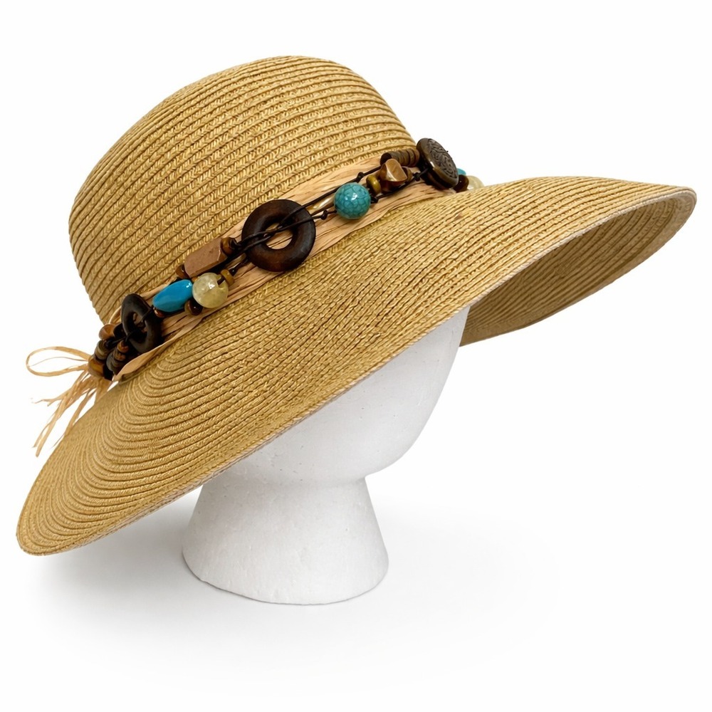 Karfil Womens Wide Brim Natural Straw Hat One Size‎ Brown Beaded Hat Band